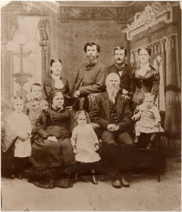 Standing Mamie English, Clifford Duncan, Eliza Duncan English, Frank English, James Cation Duncan, Nettie Patchen Duncan.  Seated:  Eliza Cation Duncan, Belle English, Thomas Duncan, Howard Duncan.  About 1882.